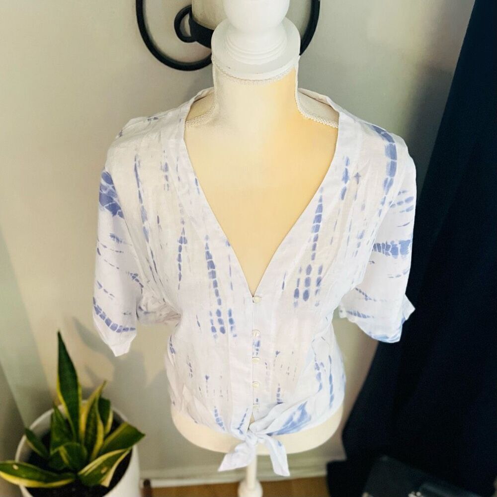 RAILS Thea‎ Tie Waist Linen Blouse Top, Tie-dyed, Blue/White, Large, (12), NWT